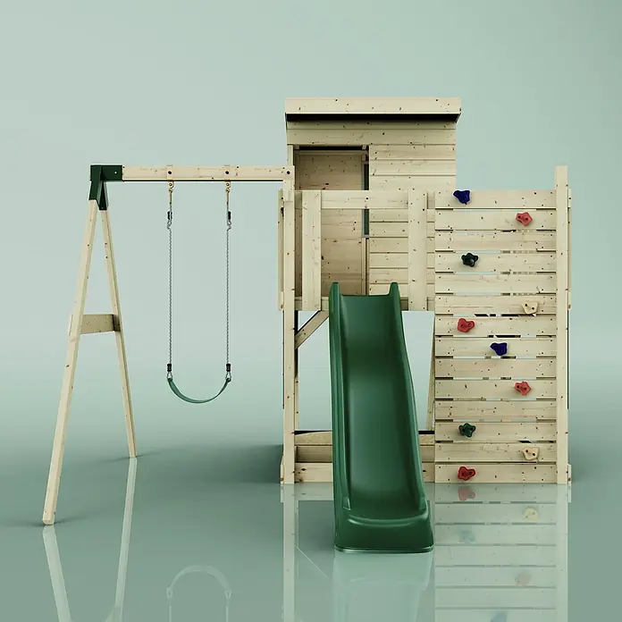 OutdoorToys Kinderspielturm Alma - L x B x H: 306 x 415 x 260 cm, Grün - Holzspielturm mit grüner Rutsche, zwei Schaukeln, Kletterwand mit bunten Griffen und Spielhaus.