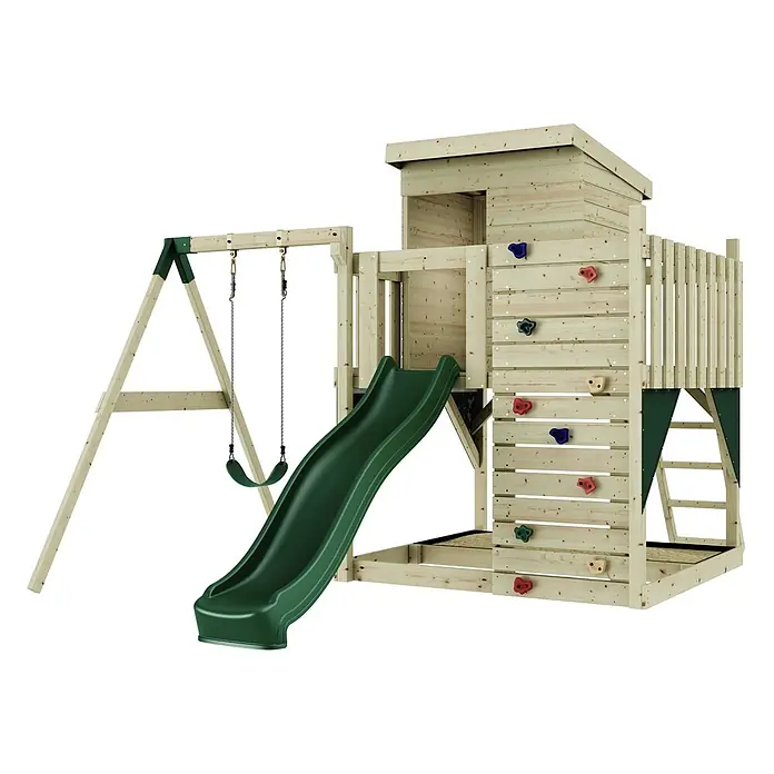 OutdoorToys Kinderspielturm Alma - L x B x H: 306 x 415 x 260 cm, Grün - Holzspielplatz mit grüner Rutsche, zwei Schaukeln, Kletterwand mit bunten Griffen und erhöhtem Spielhaus.