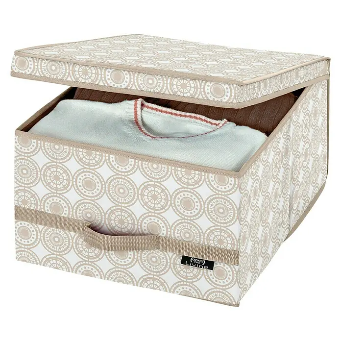 Caja para ropa Ella - 50 x 38 x 18 cm, Plástico - Caja de almacenamiento con tapa y estampado para ropa y otros objetos. Ideal para organizar armarios.