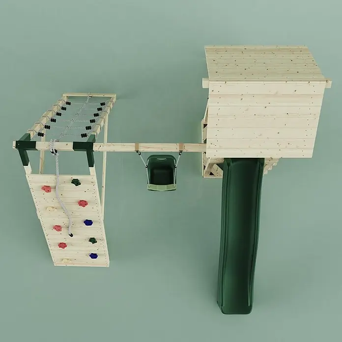 OutdoorToys Kinderspielturm Trondheim - L x B x H: 293 x 357 x 273 cm, Grün - Spielturm aus Holz mit dunkelgrüner Rutsche, Kletterwand, Klettergerüst und Schaukel.