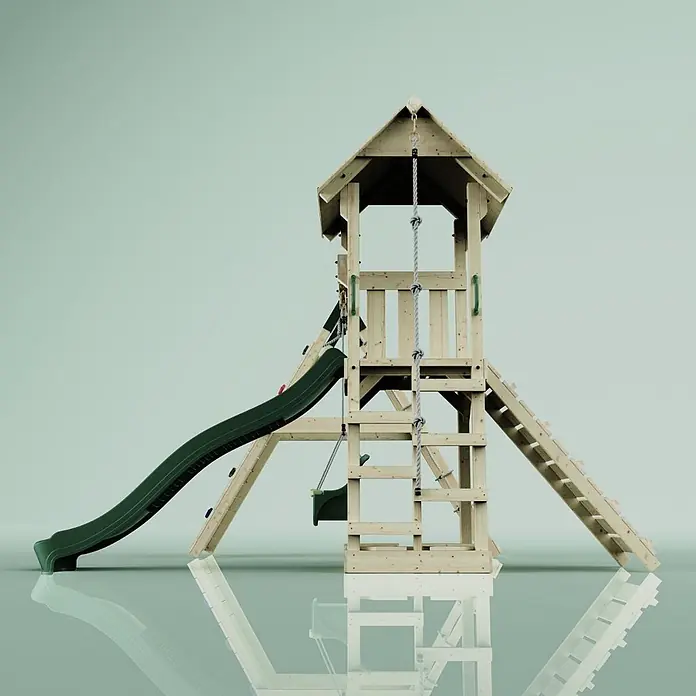 OutdoorToys Kinderspielturm Trondheim - L x B x H: 293 x 357 x 273 cm, Grün - Hölzernes Spielgerüst mit grüner Rutsche, Kletterseil und Leiter für Kinderspielplätze.