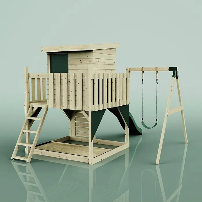 OutdoorToys Kinderspielturm Alma - L x B x H: 306 x 415 x 260 cm, Grün - Spielturm aus Holz mit erhöhtem Spielhaus, Leiter, grüner Rutsche, Doppelschaukel und Sandkasten.