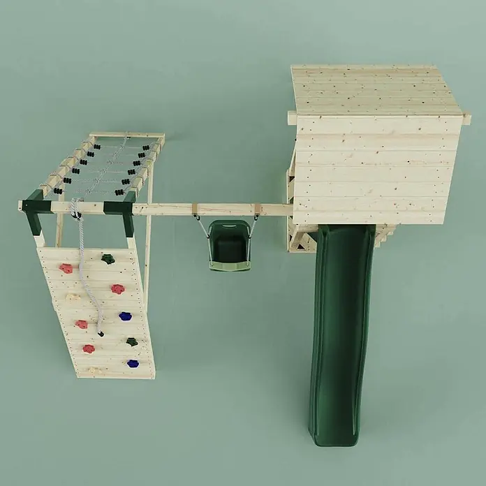 OutdoorToys Kinderspielturm Trondheim - L x B x H: 293 x 357 x 273 cm, Grün - Hölzernes Spielgerät mit Kletterwand, Netz, Schaukel und grüner Rutsche für Kinder.