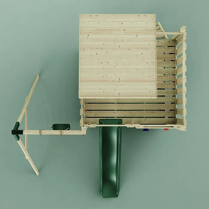 OutdoorToys Kinderspielturm Alma - L x B x H: 306 x 415 x 260 cm, Grün - Draufsicht auf ein hölzernes Spielset mit grüner Rutsche und Schaukel.