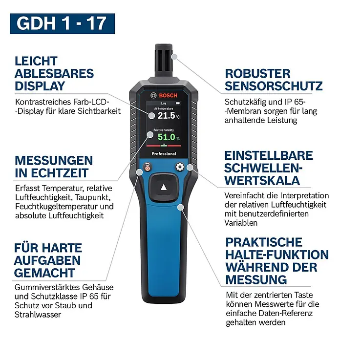 Bosch Thermo-Hygrometer GDH 1-17 - Mit Batterien - Ein blau-schwarzes Bosch GDH 1-17 Digital-Feuchte- und Temperaturmessgerät mit Display.
