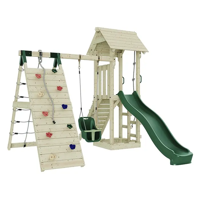 OutdoorToys Kinderspielturm Trondheim - L x B x H: 293 x 357 x 273 cm, Grün - Hölzernes Kinderspielhaus mit Kletterwand, grüner Schaukel, grüner Rutsche und einem Turm mit Dach und Treppe.