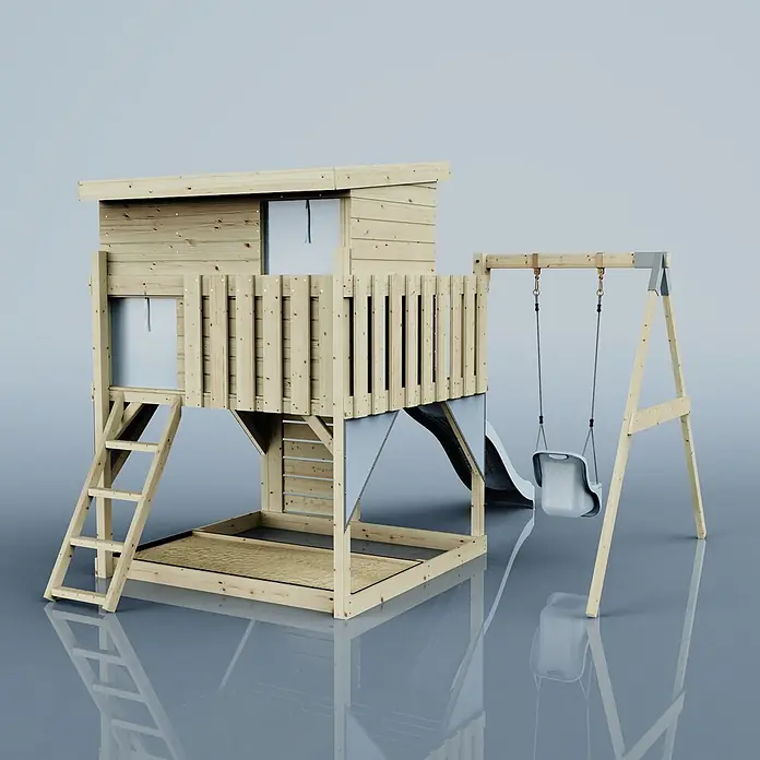 OutdoorToys Kinderspielturm Tjorven - L x B x H: 306 x 415 x 260 cm, Blau - Hölzernes Spielgerüst mit erhöhtem Spielhaus, Leiter, Rutsche und angehängter Schaukel.