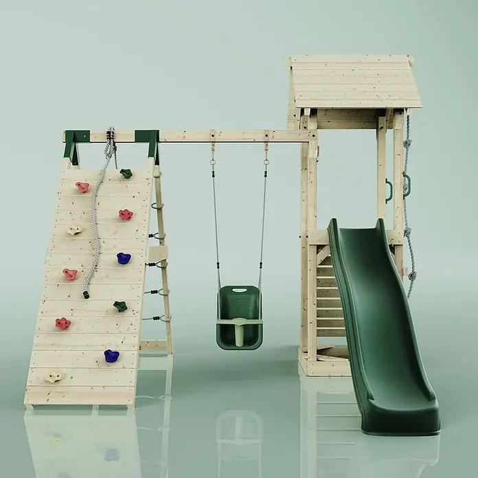 OutdoorToys Kinderspielturm Trondheim - L x B x H: 293 x 357 x 273 cm, Grün - Hölzernes Spielset mit dunkelgrüner Rutsche, Schaukel und Kletterwand mit farbigen Griffen.