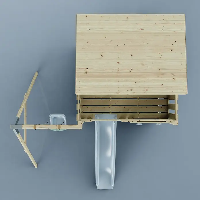 OutdoorToys Kinderspielturm Tjorven - L x B x H: 306 x 415 x 260 cm, Blau - Spielturm aus Holz mit heller Rutsche und weißer Schaukel, von oben gesehen.