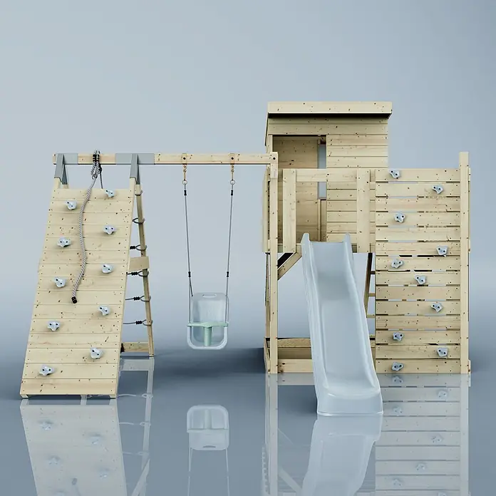 OutdoorToys Kinderspielturm Freja Babyschaukel; - Holz, Blau - Kinderspielturm aus Holz mit schräger Kletterwand, Seilleiter, Babyschaukel, Turm, Rutsche und vertikaler Kletterwand mit Griffen.