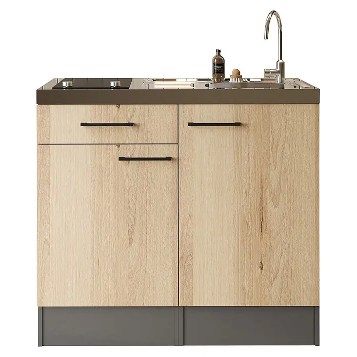 Respekta Miniküche Oliver - Breite: 100 cm, Grau, Mit Glaskeramikkochfeld - Helle Holz-Küchenzeile mit dunkelgrauem Tresenrahmen, schwarzem Kochfeld, silbernem Wasserhahn und integriertem Spülbecken.