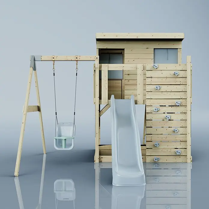 OutdoorToys Kinderspielturm Tjorven - L x B x H: 306 x 415 x 260 cm, Blau - Holzspielplatz mit Schaukel, Rutsche und Kletterwand. Helles Holz, graue Rutsche und grauer, hellgrüner Schaukelsitz.