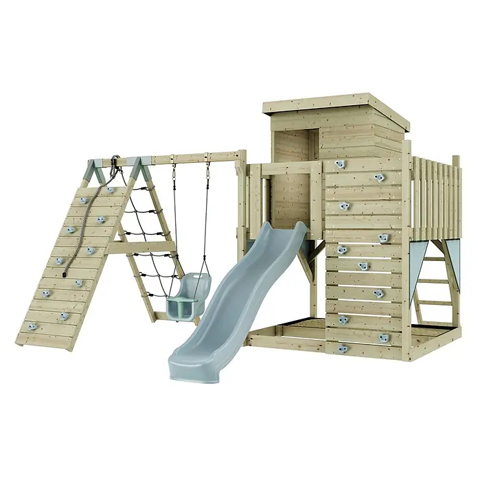 OutdoorToys Kinderspielturm Freja Babyschaukel; - Holz, Blau - Holzspielturm mit Kletterwand, Seilleiter, Rutsche und Babyschaukel.
