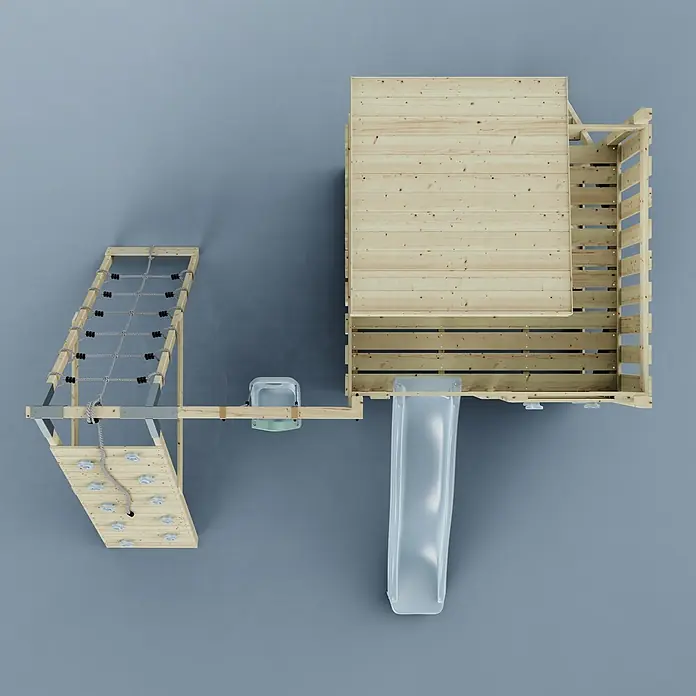 OutdoorToys Kinderspielturm Freja Babyschaukel; - Holz, Blau - Draufsicht auf einen Kinderspielplatz aus Naturholz mit Rutsche, Kletternetz und Kletterwand mit Seil und Griffen.