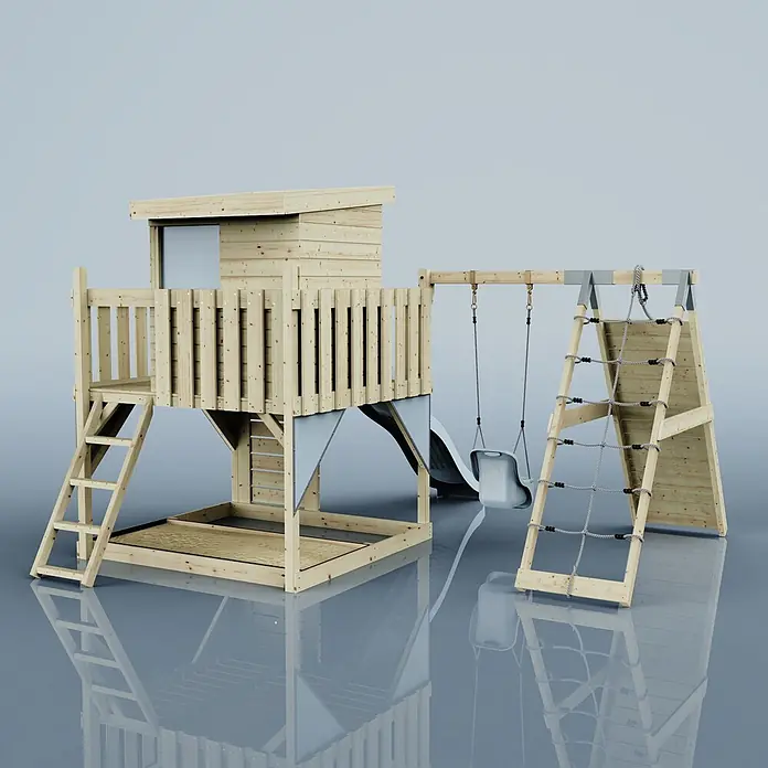 OutdoorToys Kinderspielturm Freja Babyschaukel; - Holz, Blau - Spielset aus Naturholz für Kinder mit Spielhaus, Rutsche, Schaukel und Kletternetz. Graue Kunststoffelemente.