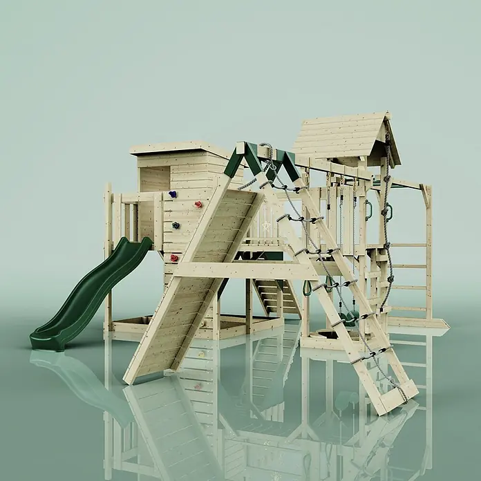 OutdoorToys Kinderspielturm Polarplay Lars - L x B x H: 562 x 503 x 274 cm, Grün - Hölzernes Kinderspielgerät mit grüner Rutsche, Kletterwand und Strickleiter.