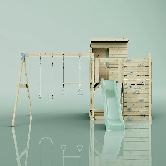 OutdoorToys Kinderspielturm Björn - L x B x H: 396 x 415 x 261 cm, Grün - Hölzerner Spielturm für draußen mit Schaukeln, hellgrüner Rutsche und Kletterwand.