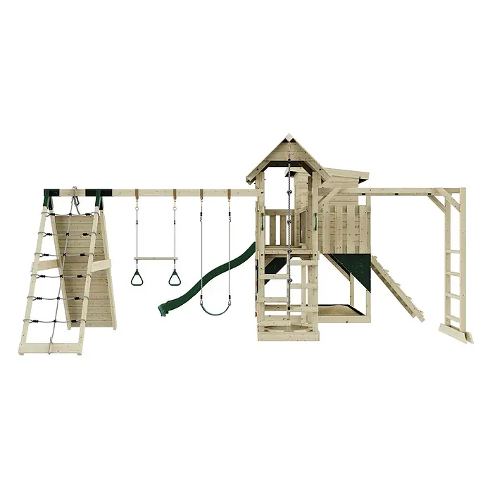 OutdoorToys Kinderspielturm Polarplay Lars - L x B x H: 562 x 503 x 274 cm, Grün - Ein Spielplatz-Set aus Holz mit Turm, Rutsche, Schaukeln, Kletternetz, Seil und Kletterstange.