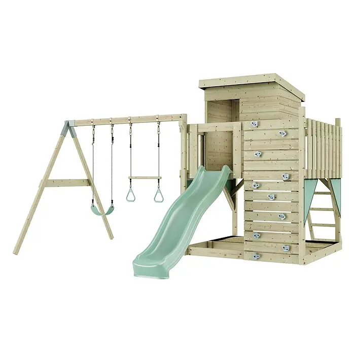 OutdoorToys Kinderspielturm Björn - L x B x H: 396 x 415 x 261 cm, Grün - Hölzernes Spielgerät mit Schaukelgerüst (Schaukel und Turnringe), hellgrüner Rutsche und Kletterwand zum Spielturm.