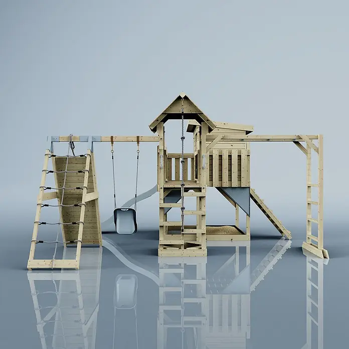OutdoorToys Kinderspielturm Polarplay Bene - L x B x H: 490 x 503 x 274 cm, Blau - Hölzernes Spielgerüst mit Schaukel, Kletternetz, Rutsche und Turm.