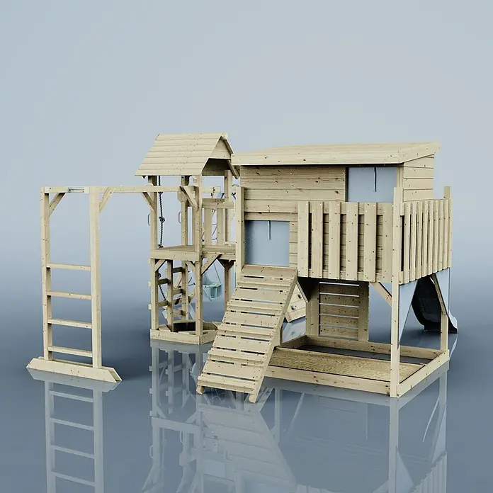 OutdoorToys Kinderspielturm Polarplay Bene - L x B x H: 490 x 503 x 274 cm, Blau - Spielplatz aus hellem Holz mit Spielhaus, Leiter, Kletterstange, Seilen, Schaukel und Rutsche.