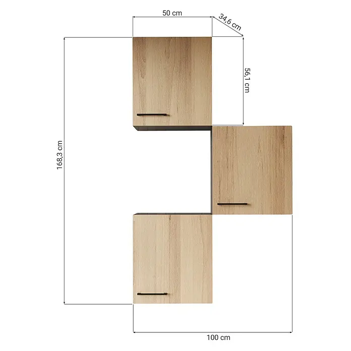 Respekta Oliver Küchen-Hängeschrank - Breite: 50 cm, Artisan Eiche - Drei hellbraune Wandschränke in Holzoptik mit dunklen Griffen, asymmetrisch und versetzt angeordnet.