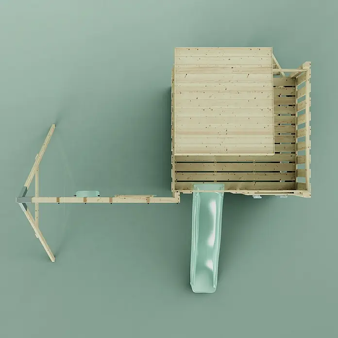 OutdoorToys Kinderspielturm Björn - L x B x H: 396 x 415 x 261 cm, Grün - Draufsicht auf ein Holzspielhaus mit hellgrüner Rutsche und Schaukelbalken.