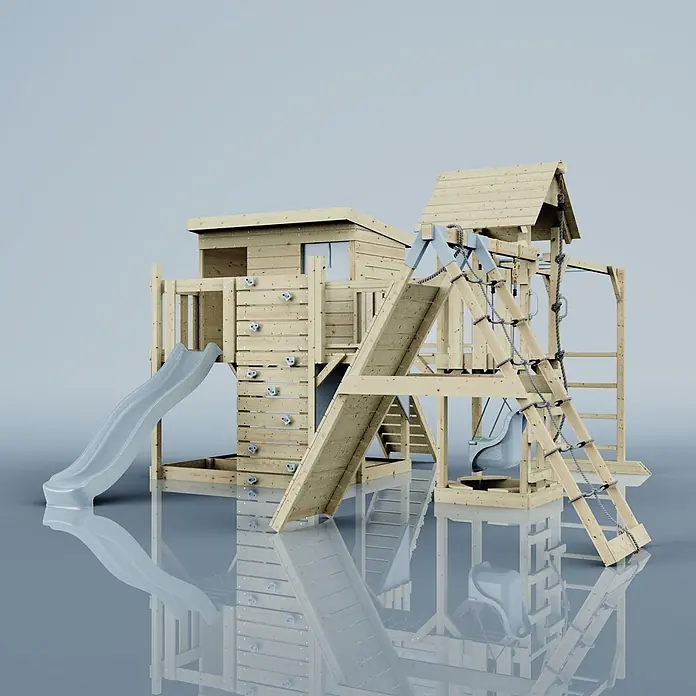 OutdoorToys Kinderspielturm Polarplay Bene - L x B x H: 490 x 503 x 274 cm, Blau - Multifunktionale Spielanlage aus Holz mit Rutschen, Kletterwand, Seilnetz und Schaukel.