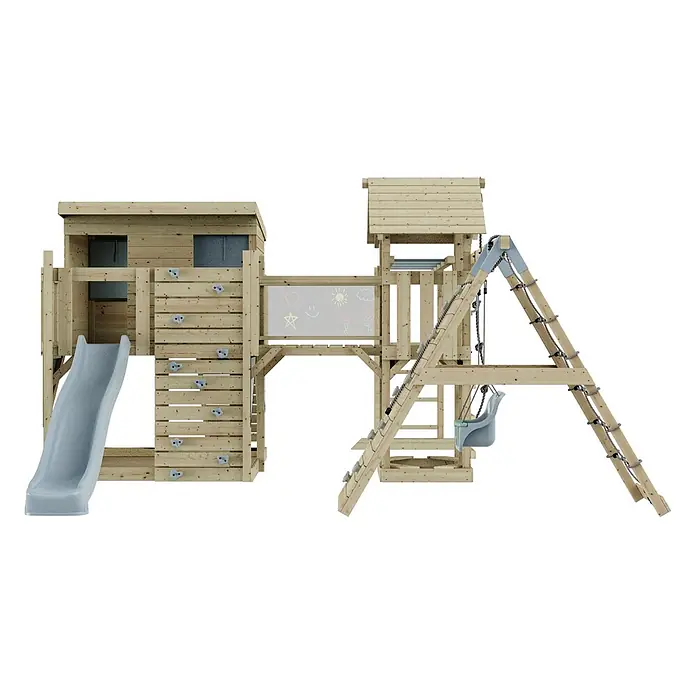 OutdoorToys Kinderspielturm Polarplay Bene - L x B x H: 490 x 503 x 274 cm, Blau - Hölzerner Spielturm mit Rutsche, Kletterwand, Schaukel, Kreidetafel und Strickleiter.