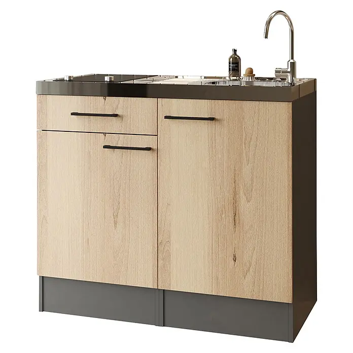 Respekta Miniküche Oliver - Breite: 100 cm, Grau, Mit Glaskeramikkochfeld - Küchenunterschrank in heller Holzoptik mit dunkelgrauer Arbeitsplatte, Spüle, Chromarmatur und Kochfeld.