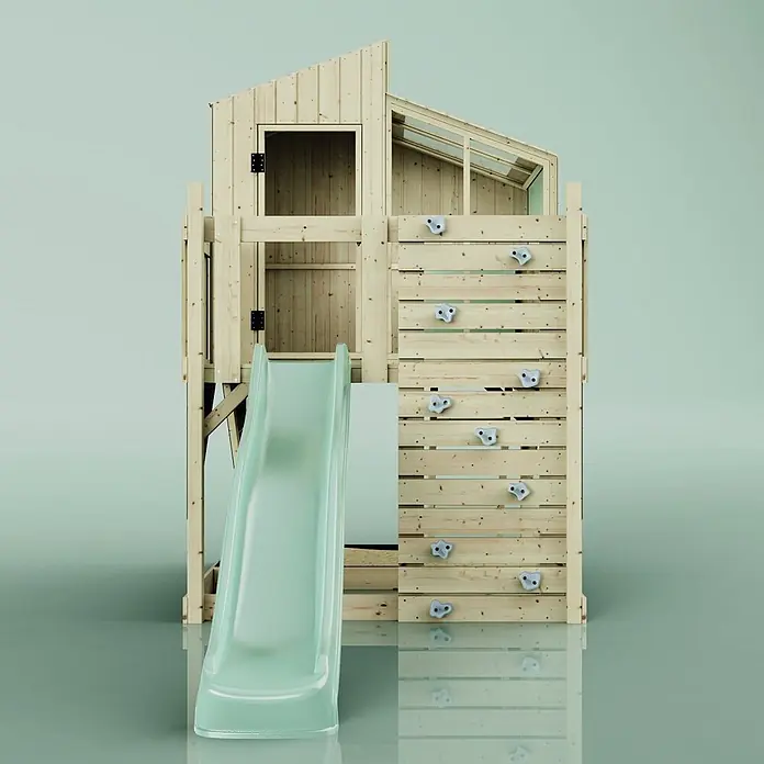 OutdoorToys Kinderspielturm Spielhaus Komet - L x B x H: 415 x 191 x 292 cm, Grün - Holzspielhaus mit hellgrüner Rutsche und Kletterwand mit grauen Griffen für Kinder.
