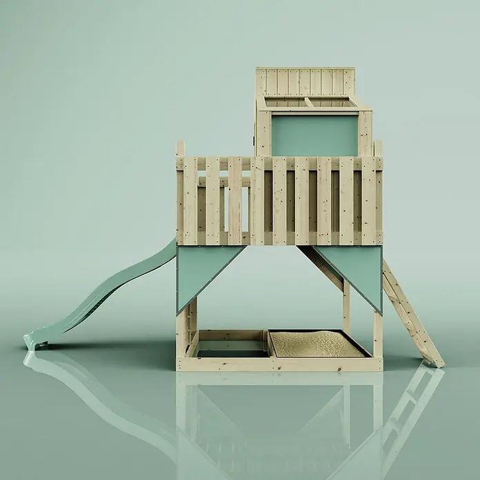 OutdoorToys Kinderspielturm Spielhaus Komet - L x B x H: 415 x 191 x 292 cm, Grün - Holzspielturm mit hellgrüner Rutsche, Sandkasten und Spielhaus.