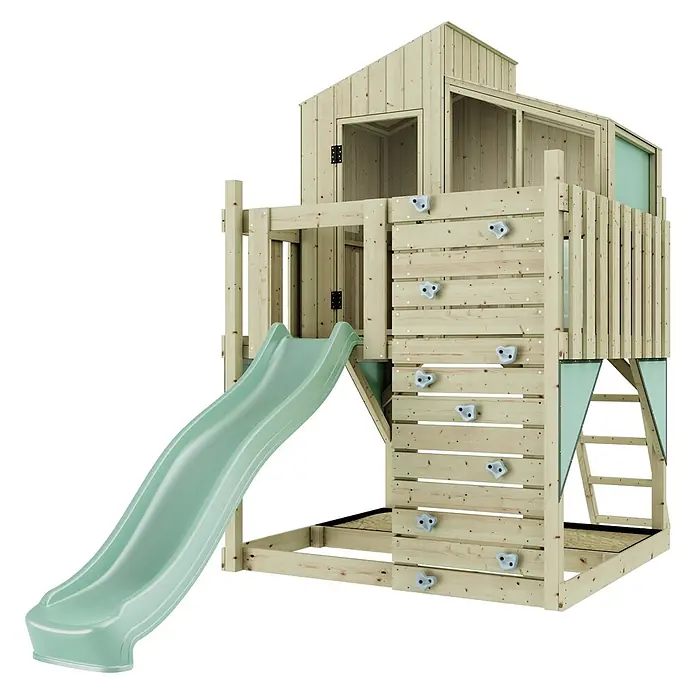 OutdoorToys Kinderspielturm Spielhaus Komet - L x B x H: 415 x 191 x 292 cm, Grün - Hölzernes Spielhaus mit grüner Rutsche und Kletterwand. Verfügt über ein Oberhaus und Sandkasten.