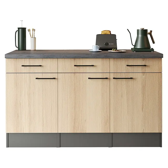 Respekta Oliver Sideboard - Breite: 150 cm, Artisan Eiche, Ohne Oberschrank - Heller Küchenunterschrank aus Holz mit dunkler Arbeitsplatte, ausgestattet mit Kaffeebereiter, Toaster und Wasserkocher.