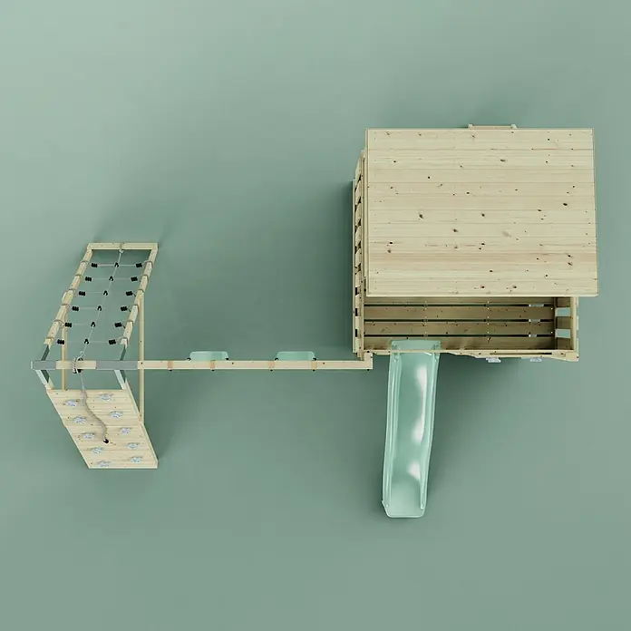 OutdoorToys Kinderspielturm Aksel Grün - Holz, Grün - Hölzerne Outdoor-Spielanlage mit Kletternetz, Kletterwand, Balancierbalken und hellgrüner Rutsche.