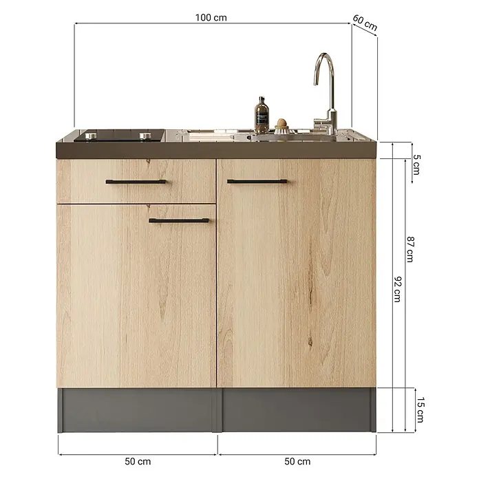 Respekta Miniküche Oliver - Breite: 100 cm, Grau, Mit Glaskeramikkochfeld - Kompakte Küchenzeile mit hellen Holzschränken, dunklen Griffen, integrierter Spüle mit Wasserhahn und zwei Kochplatten. 100 cm breit.