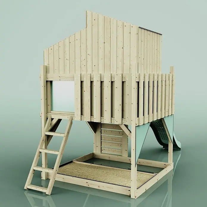 OutdoorToys Kinderspielturm Spielhaus Komet - L x B x H: 415 x 191 x 292 cm, Grün - Kinderhochbett aus Holz mit Spielhaus, Leiter, integriertem Sandkasten und Rutsche.