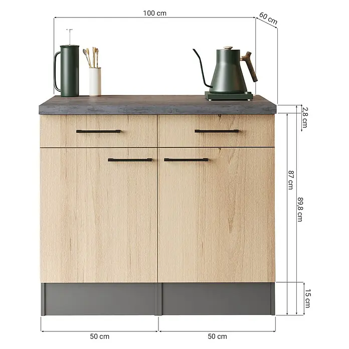 Respekta Oliver Sideboard - Breite: 100 cm, Grau Matt, Ohne Oberschrank - Küchenunterschrank aus Holz und Dunkelgrau mit zwei Schubladen, zwei Türen und einer Arbeitsplatte. Maße: 100x60x89,8 cm.