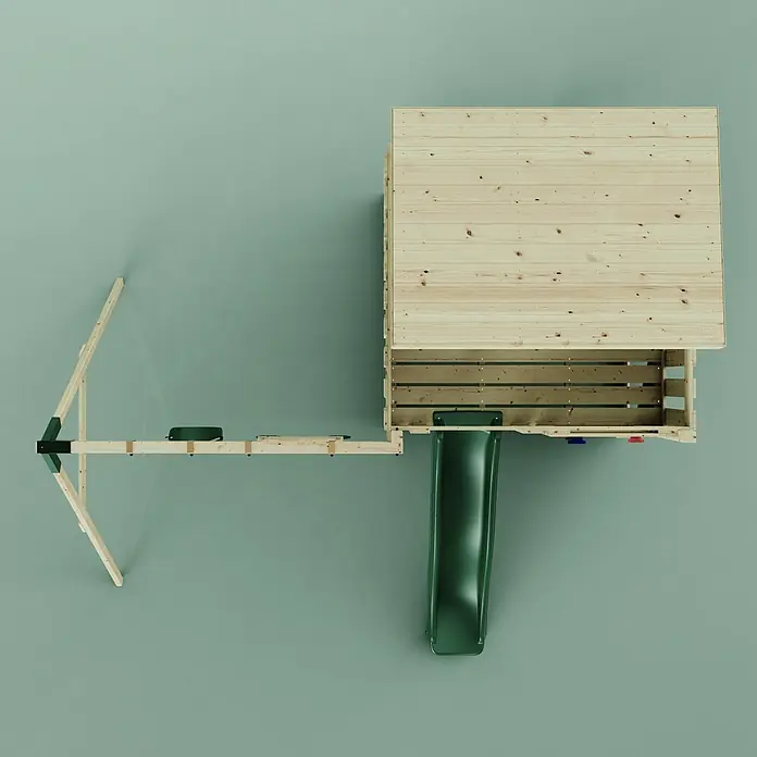 OutdoorToys Kinderspielturm Nils - L x B x H: 396 x 415 x 260 cm, Grün - Hölzerner Spielturm mit grüner Rutsche und horizontalem Kletterbalken, Draufsicht.