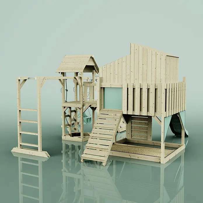 OutdoorToys Kinderspielturm Tammo Babyschaukel; - Holz, Grün - Natürlicher Holzspielplatz für Kinder mit Spielhaus, Rutsche, Schaukeln, Klettergerüst und Sandkasten.