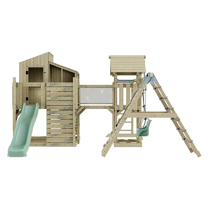 OutdoorToys Kinderspielturm Tammo Babyschaukel; - Holz, Grün - Holzspielturm mit grüner Rutsche, Kletterwand, Kreidetafel, Schaukel und Seilleiter für aktives Spielen.