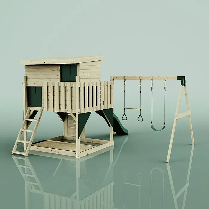 OutdoorToys Kinderspielturm Nils - L x B x H: 396 x 415 x 260 cm, Grün - Hölzernes Outdoor-Spielset mit Spielhaus, Rutsche, zwei Schaukeln und Sandkastenbasis, mit dunkelgrünen Akzenten.