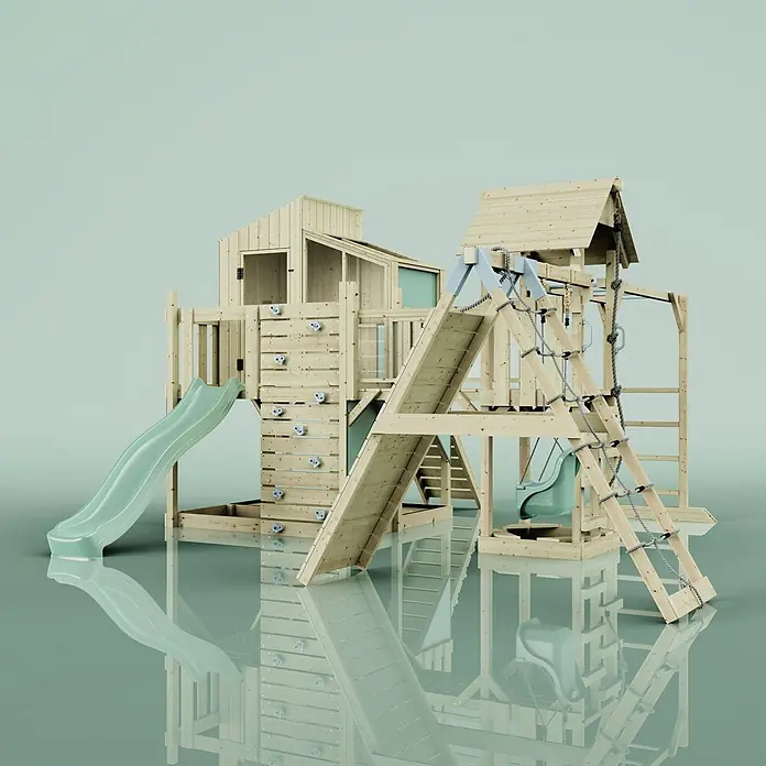 OutdoorToys Kinderspielturm Tammo Babyschaukel; - Holz, Grün - Hölzernes Spielplatz-Set mit hellgrüner Rutsche, Kletterwand, Strickleiter und Schaukel.