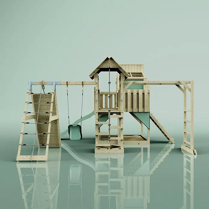 OutdoorToys Kinderspielturm Tammo Babyschaukel; - Holz, Grün - Robustes Outdoor-Spielplatz aus Holz mit Rutsche, zwei Schaukeln, Kletternetz und Kletterseil.