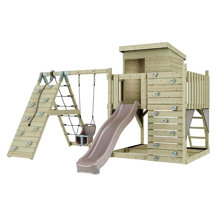 OutdoorToys Kinderspielturm Freja Babyschaukel; - Holz, Rosa - Hölzernes Kinderspielhaus mit Kletterwand, Seilleiter, Schaukel, Rutsche und erhöhtem Spielturm.