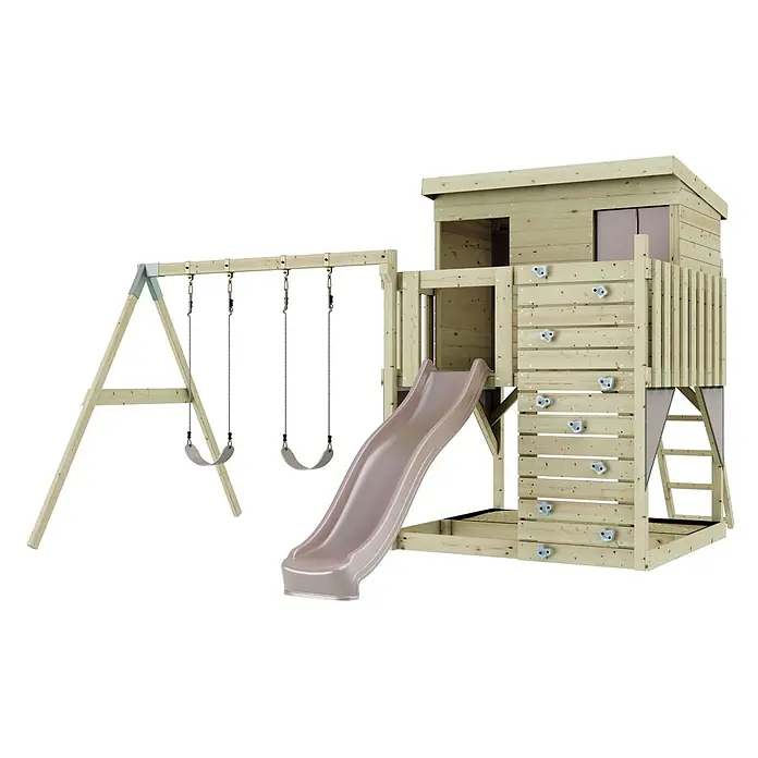 OutdoorToys Kinderspielturm Nils - L x B x H: 396 x 415 x 260 cm, Rosa - Holzspielplatz mit brauner Rutsche, zwei Schaukeln, Kletterwand und Spielhaus mit integriertem Sandkasten.