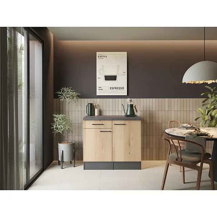 Respekta Buffetschrank - Breite: 100 cm, Artisan Eiche, Ohne Oberschrank - Moderner Holzschrank mit dunkelgrauer Arbeitsplatte und Sockel, als stilvolle Kaffeestation.