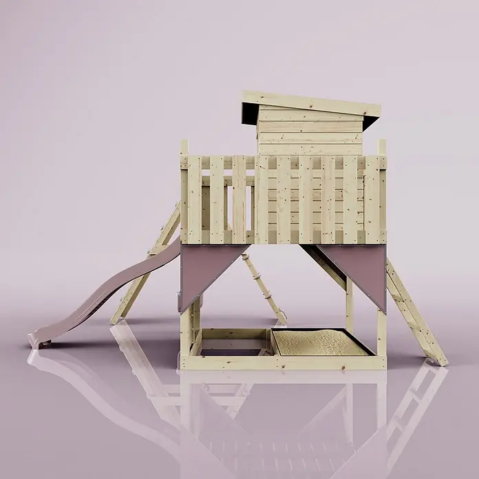 OutdoorToys Kinderspielturm Freja Babyschaukel; - Holz, Rosa - Holzspielhaus mit hellbrauner Rutsche, integriertem Sandkasten und Stoffsonnenschutz.