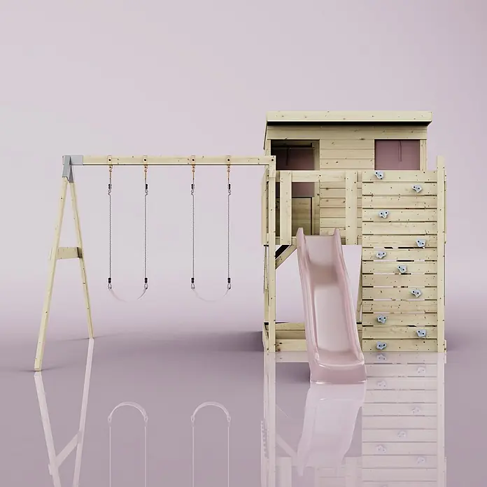 OutdoorToys Kinderspielturm Nils - L x B x H: 396 x 415 x 260 cm, Rosa - Hölzernes Schaukelset und Spielhaus mit rosa Rutsche und Kletterwand für draußen.