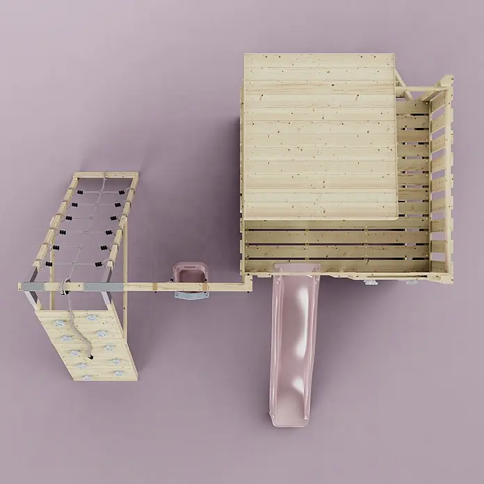 OutdoorToys Kinderspielturm Freja Babyschaukel; - Holz, Rosa - Hölzerner Spielplatz mit Spielhaus, rosa Rutsche, Kletterwand, Seilnetz und Schaukel.